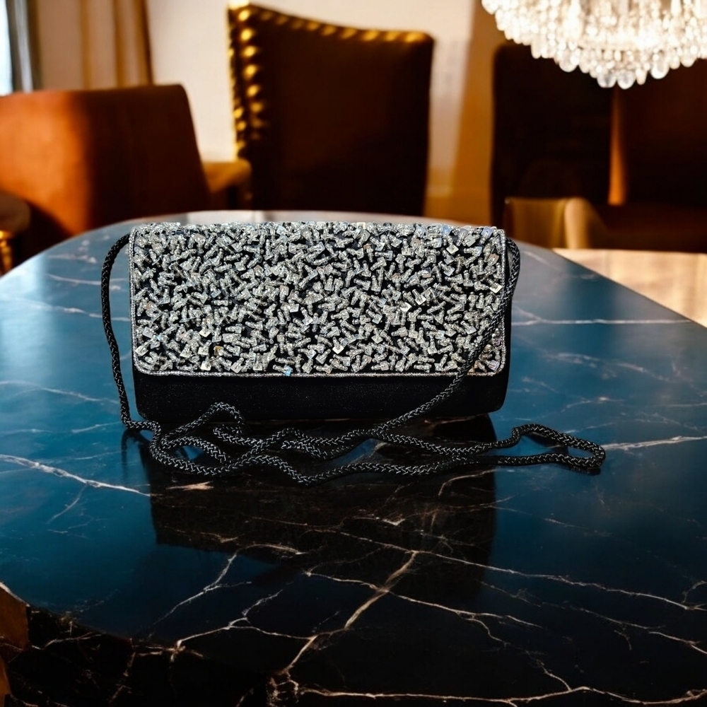 Beautiful black and silver convertible clutch, shoulder purse, formal